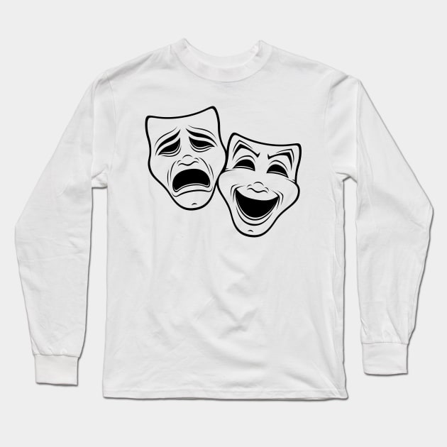 Comedy And Tragedy Theater Masks Black Line Long Sleeve T-Shirt by fizzgig